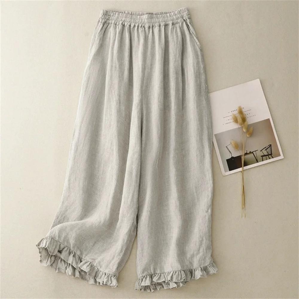 Wood Ear Trim Cotton and Linen Wide-leg Pants Women's Summer Loose Slimming Casual Cropped Pants Linen High-waisted Lantern Pants