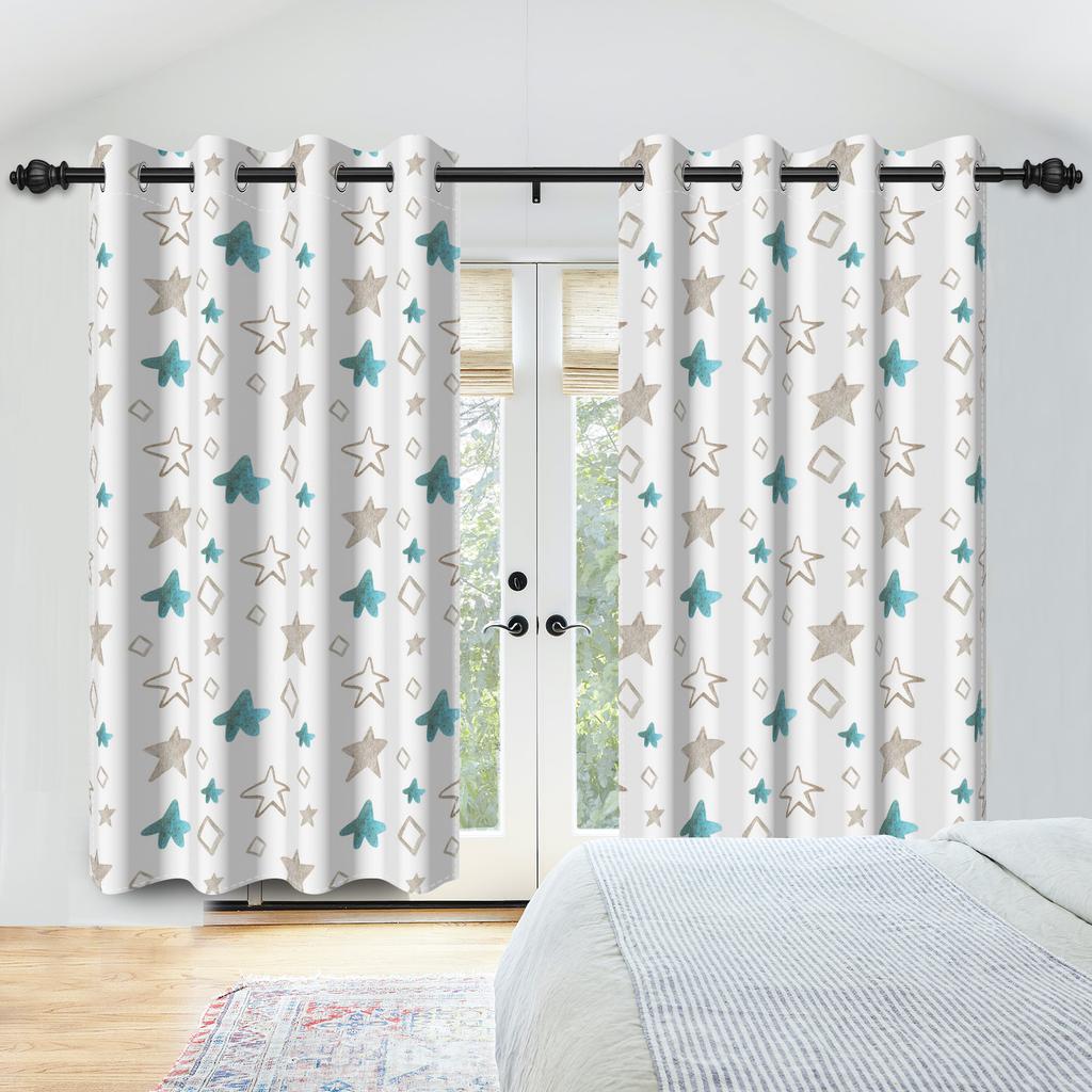 Kids Blue Theme Bedroom Curtains With Star Tree Prints Living Room Bedroom Kitchen Hotel 100% Blackout Windproof Window Curtains