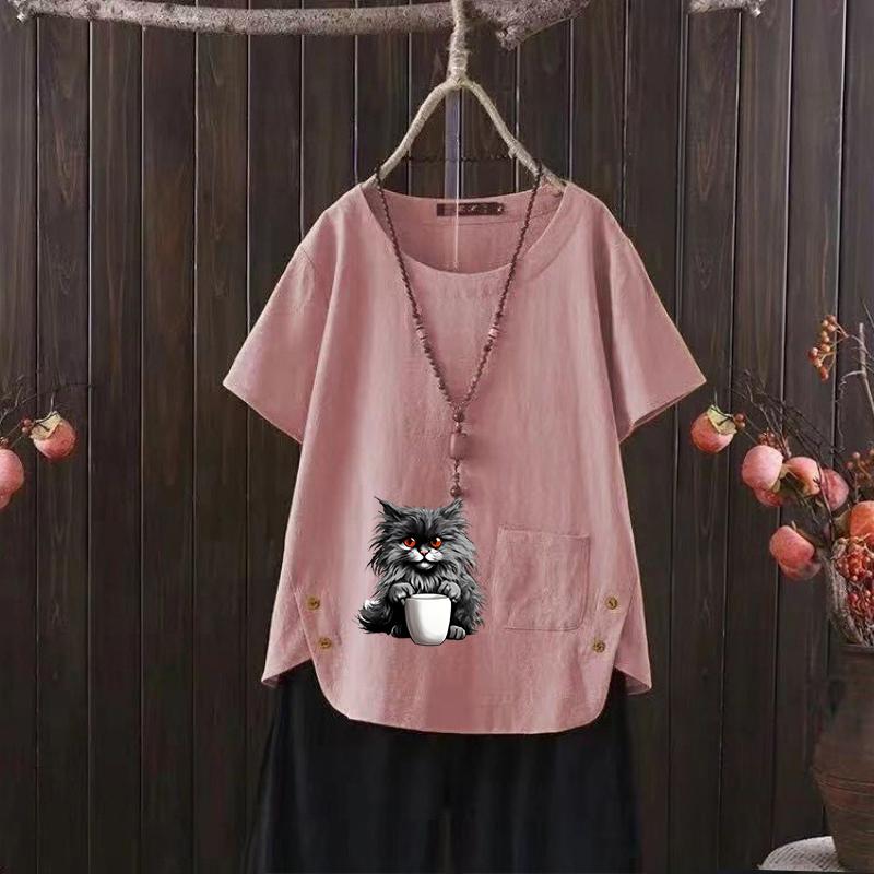 2025 Summer Women's Cat Print V-neck Cotton Hemp T-shirt - Effortlessly Stylish