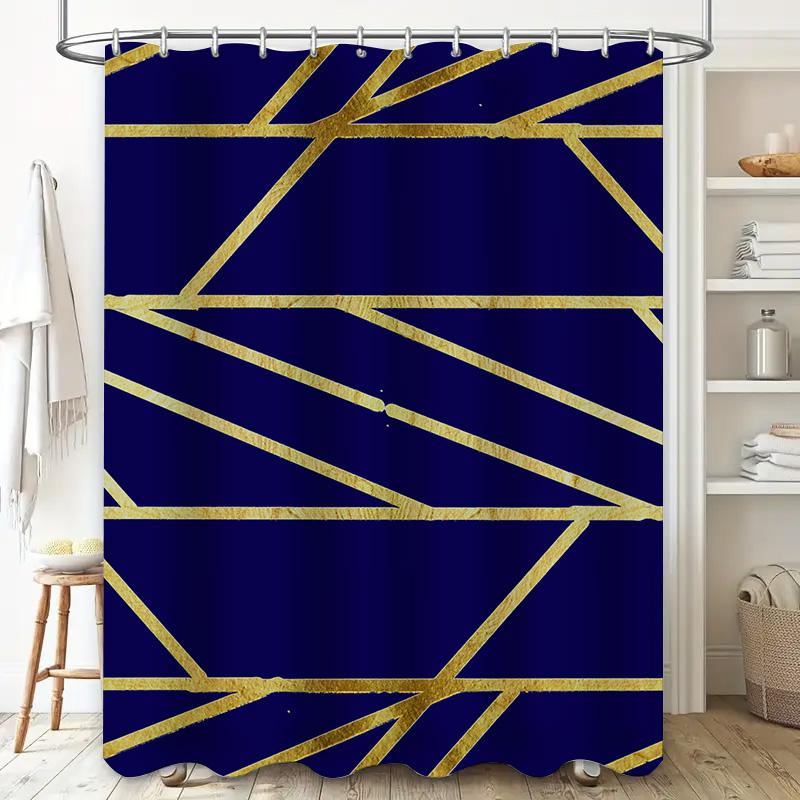 Modern Geometric Shower Curtain Bold Navy Blue Gold Stripes Polyester Fabric 72X84 In For Bathroom Decorations