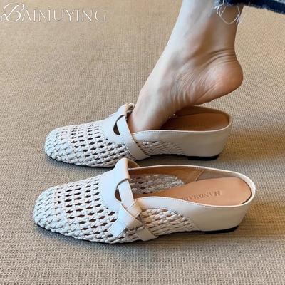 Mode Flechtwerk Lässige Pantoletten Schuhe Frau Sommer Eckige Zehen Pantoletten Damen Flache Sandalen 2025 Trend Komfort Slides Weiches Leder Sandalen