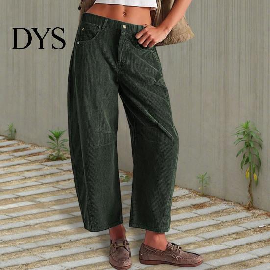 Pantaloni a coste a vita media a gamba larga da donna Vita elasticizzata Chiusura con bottone e zip Gamba larga Pantaloni casual con tasche Colore unito Pantaloni a barile