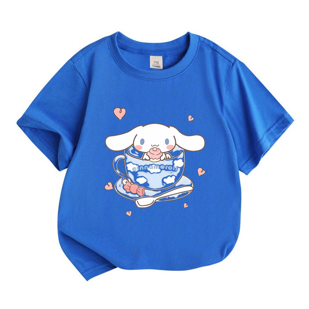 Cute Cartoon Big Ear Puppy Print Kids Boys Girls 100% Cotton T-Shirt Casual Crew Neck Short Sleeves Soft Breathable Summer Tees Adorable Heart Cup Pat