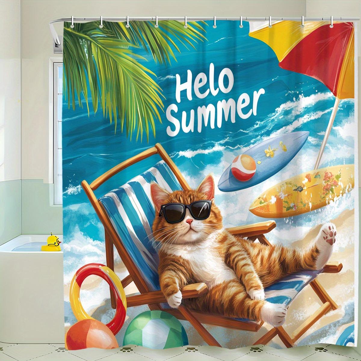 

1 Hello Summer Cat Beach Scene Shower Curtain - Polyester, Machine Washable, Palm Tree Woven Design, Beach Accessory Curtain W60H190(CM)-1 Pcs