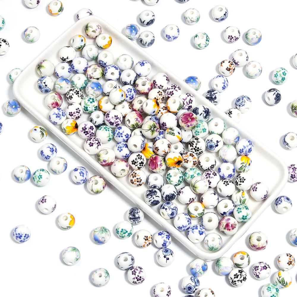 50Pcs 10mm Round Ceramic Beads Colorful Plum Blossom Sunflower Pattern Loose Porcelain Beads For DIY Bracelet Necklace Jewelry