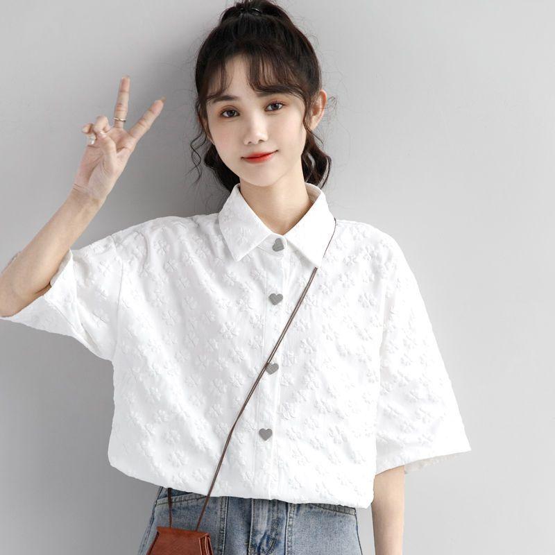 

Летняя жаккардовая белая рубашка с короткими рукавами для женщин Летний корейский выпуск студенческий вестерн короткий рукав топ модный S