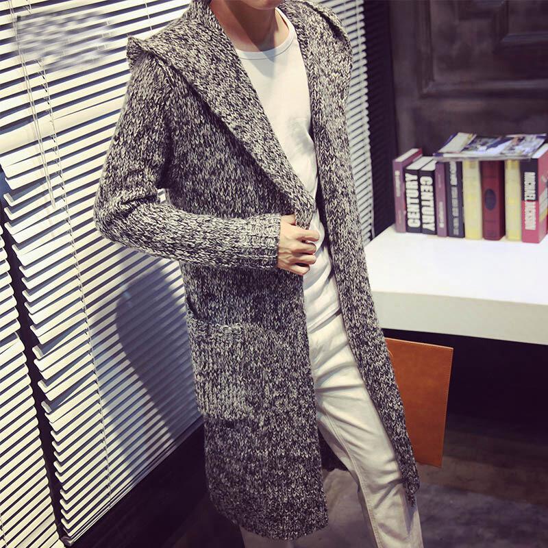 

2025 Осень и зима Новая корейская версия мужской вязаный кардиган с капюшоном молодежная мода свитер средней длины ветровка тренд XXXXL серый