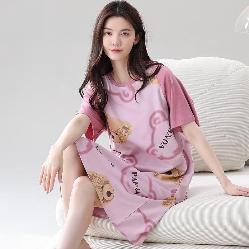 Women's Summer Korean-Style Pure Cotton Short Sleeve Loose Mid-Length Nightgown Pajamas for Home or Casual Wear