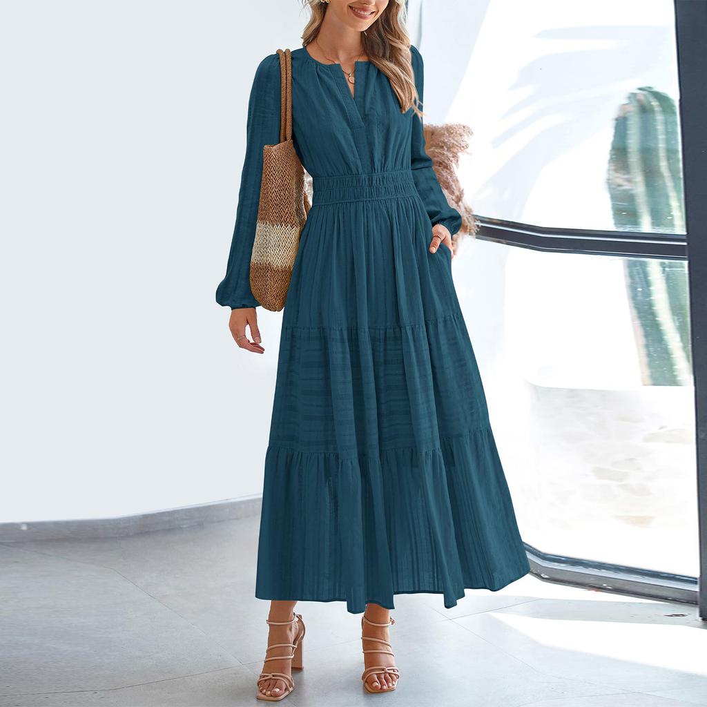Women's Fashion V-neck Pleated, Waist-cinching, Wide-swing Long-sleeved Dress