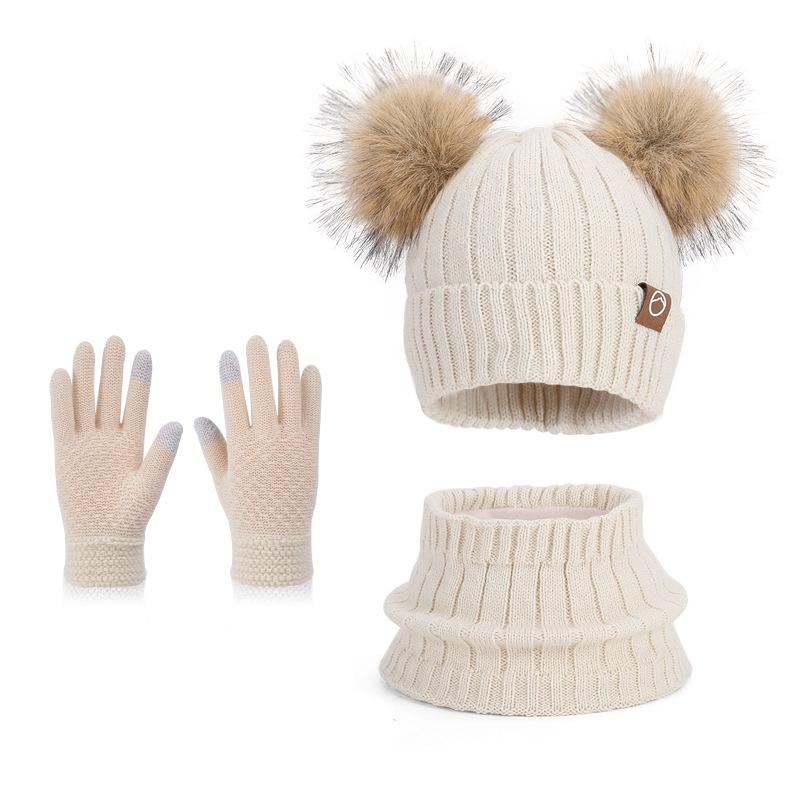 Children's hats Outdoor warm three-piece set Boys and girls fleece ear protector pullover hat Cute hairball knitted wool hat