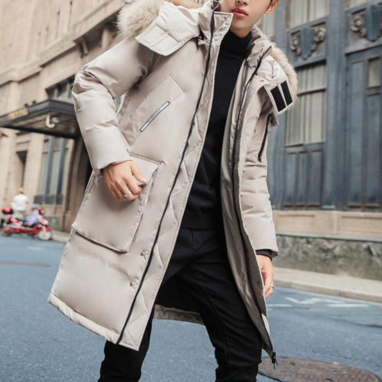 Men Down Jacket Fur Collar Hooded Long Sleeve Solid Color Winter Coat Zipper Placket Pockets Thickened Puffer Outwear