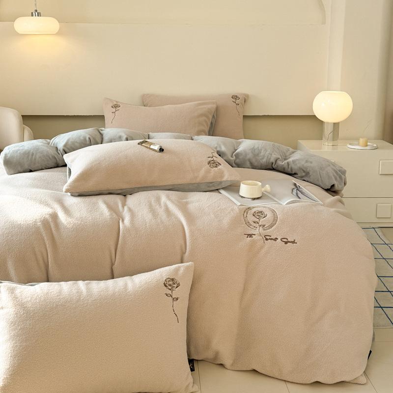 Thickened Imitation Cashmere Four-Piece Set Embroidered Milk Fleece Quilt Cover Coral Fleece Bedding Fleece Sheets