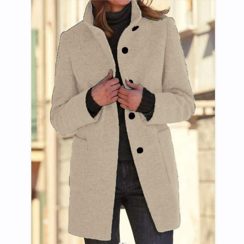 Womens Vintage Solid Color Button-Up Stand Collar Wool Blend Coat Winter 2026