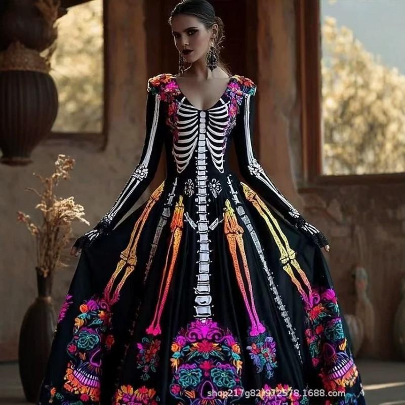 Halloween Long A-Line Dress Vintage Bohemian Style Skull Print V-Neck Full Sleeve Party Wear