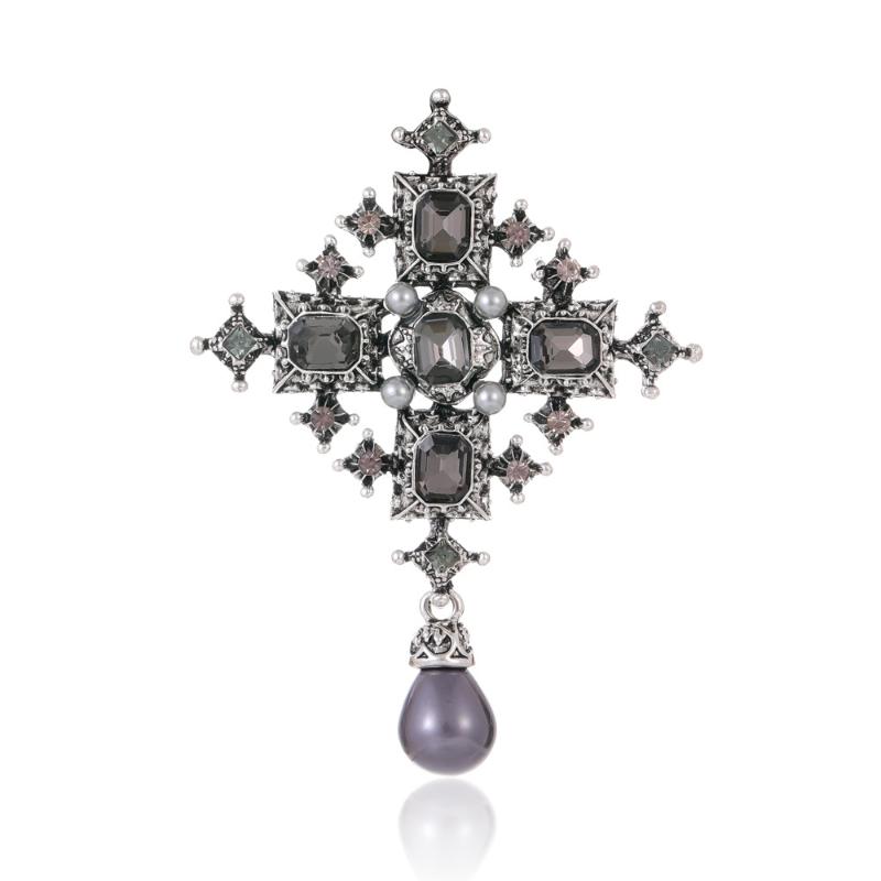 Broșă Cruce Vintage Baroc cu Strassuri pentru Femei Bărbați Cristal Perle Picătură de Apă Broșă Bijuterii pentru Birou Petrecere Cadou