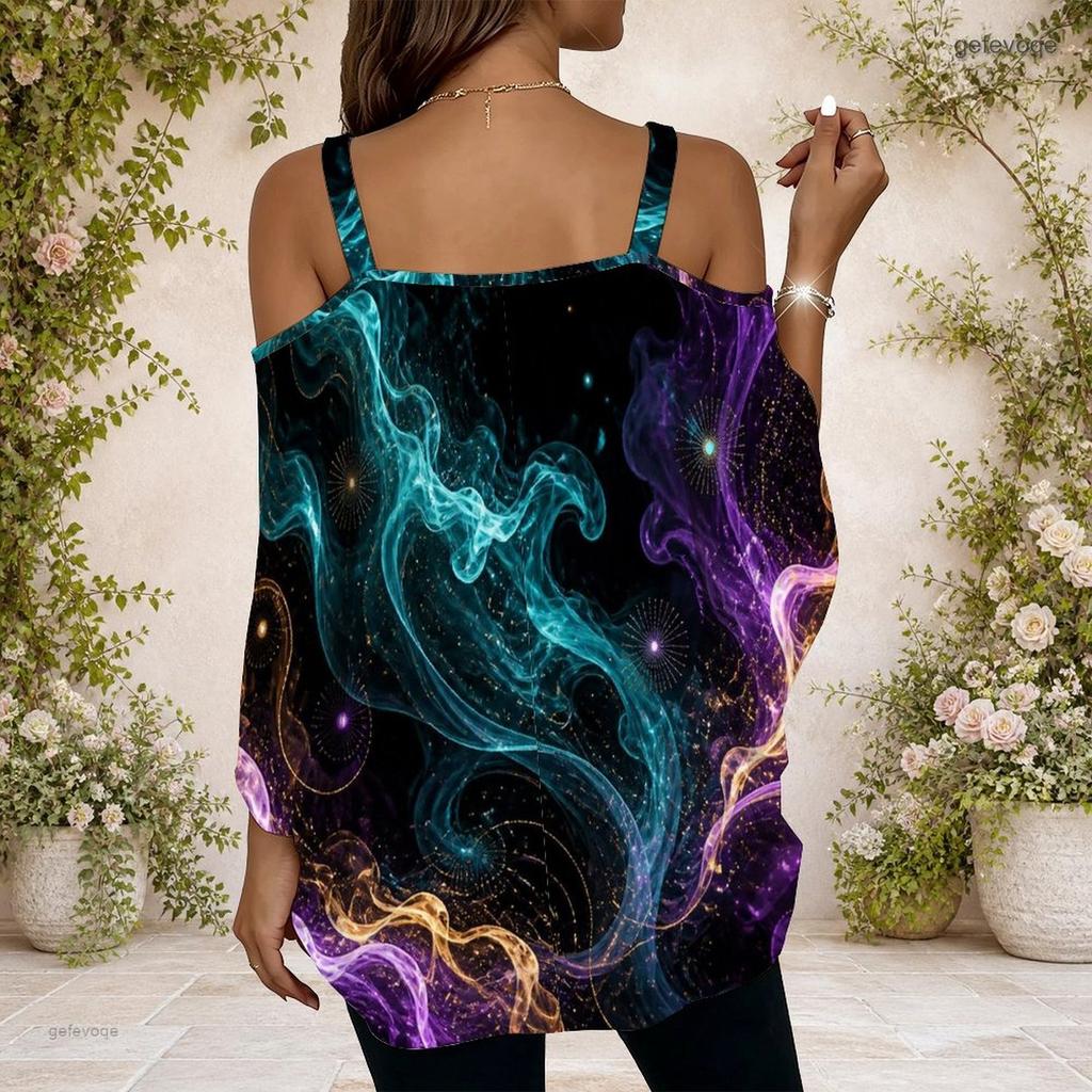 Women Plus Size Off Shoulder Double Strap Short Sleeve Galaxy Smoke Print Blouse
