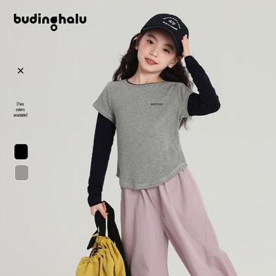 Pudding Haru Girls' Faux Two-Piece Long Sleeve T-Shirt