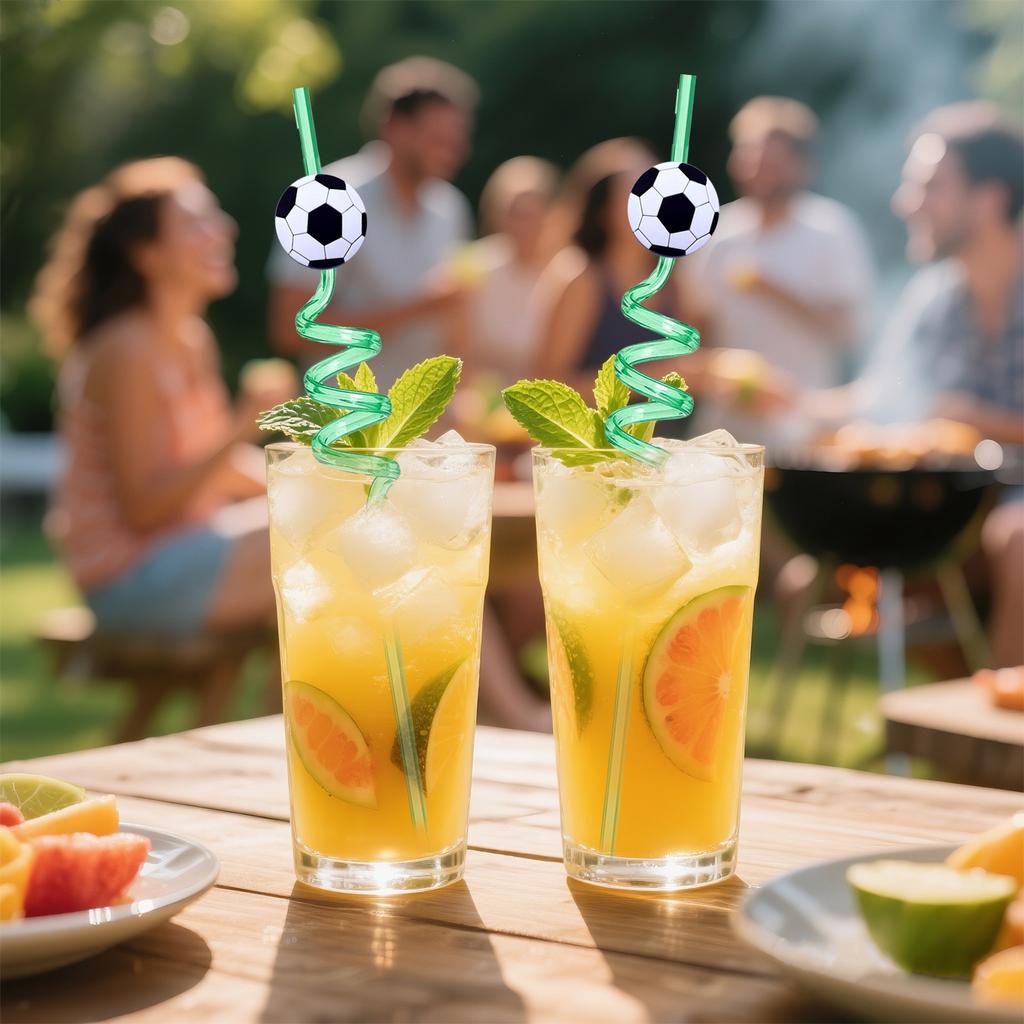 Football Themed Cartoon Spiral Straw Set with Creative Design 10PC