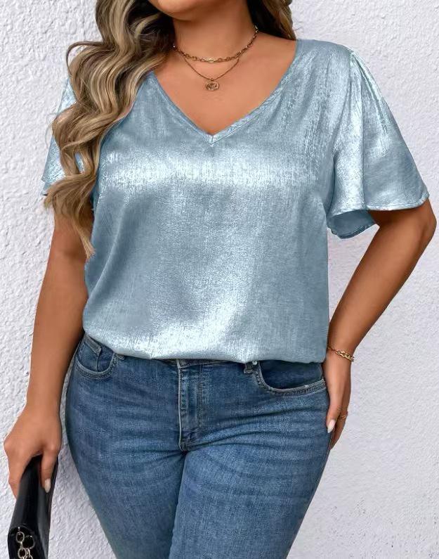 T-shirt Manches Courtes Uni Col en V Coupe Ample pour Femme Printemps/Été 2026