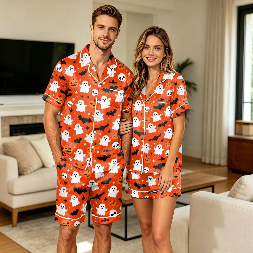 Men's Halloween Printed Short Sleeve Pajama Set with Chest Pocket and Matching Shorts for Couple Wear