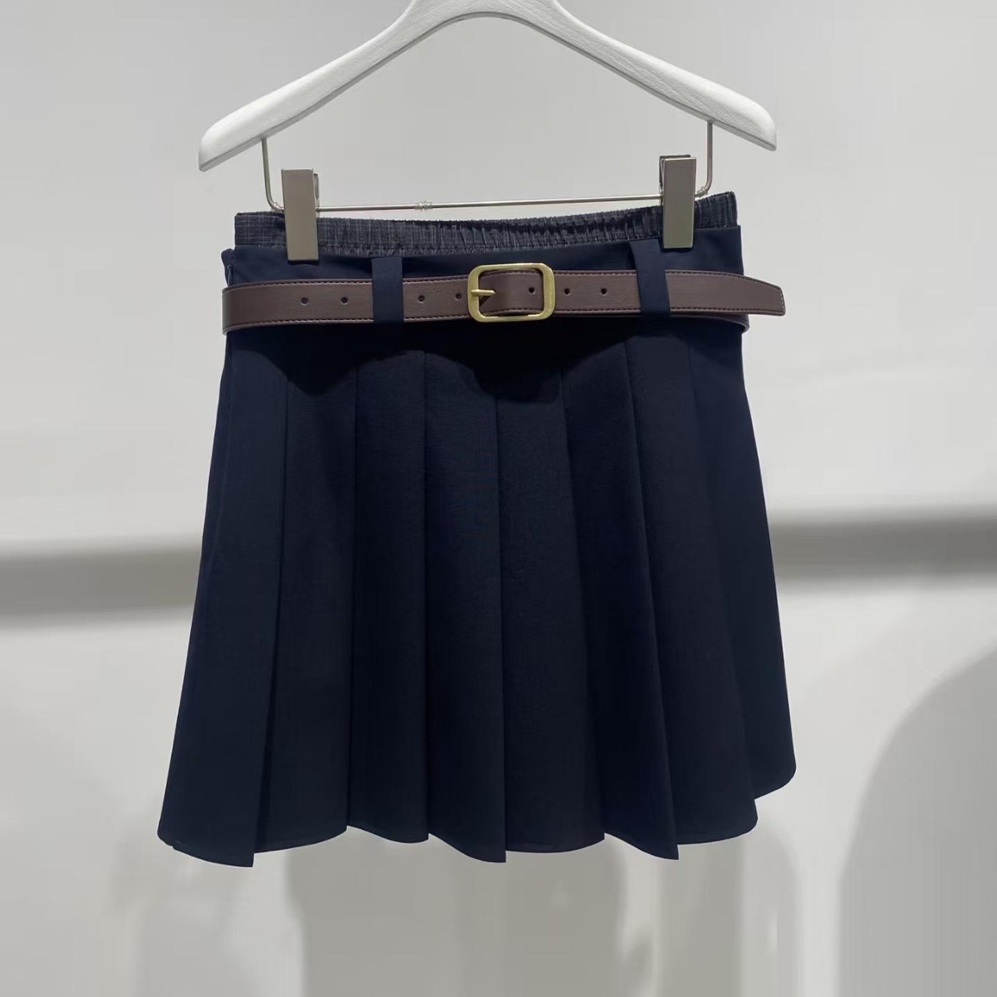 In Stock 2026 Spring College Style Belted High Waist Pleated A-Line Short Skirt for Women Large темно-синий