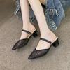 2026 New Sandals for Women Large Size Mid Heels Mesh Breathable Slippers Sexy Pointed Toe Versatile Outwear Solid Color Shoes
