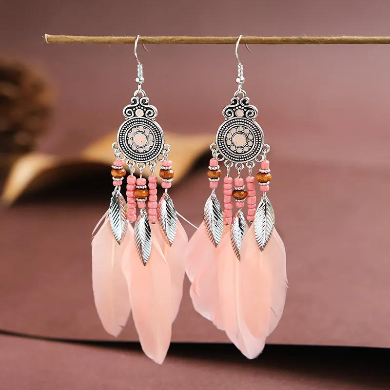 Bohemian Ethnic Feather Drop Earrings For Women Elegant Wood Beads Leaf Long Tassels Dangle Earring Girls Fashion Party Jewelry
