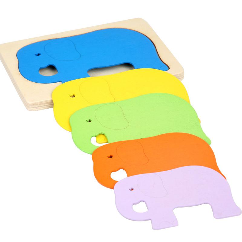 Montessori Panel Animal Puzzle Toy Wooden 3D Multilayer Gradient Color Elephant Duck Puzzle Early Learning Color Cognitive Panel