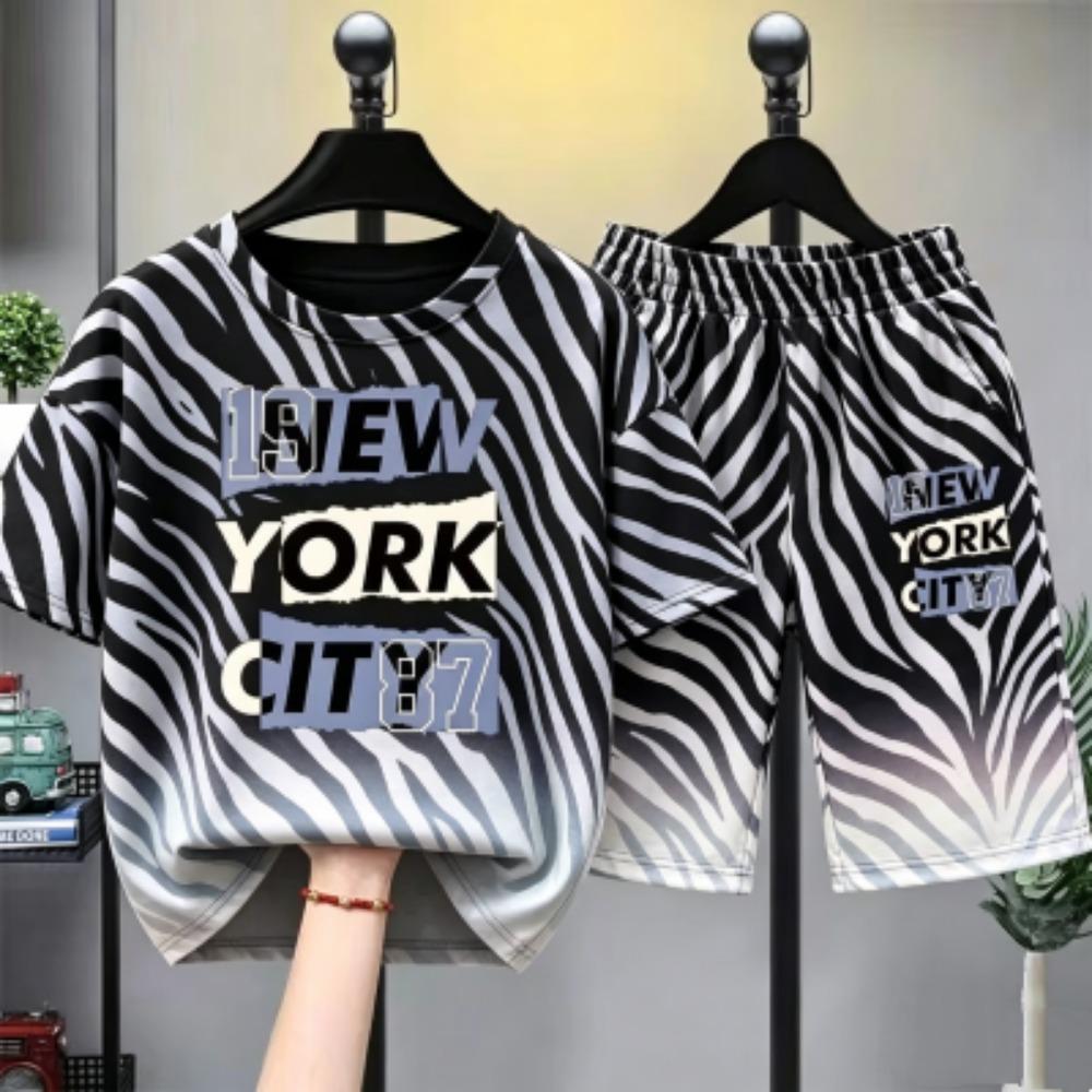 Personalized Colorful Stripes Letter Printed Kids T-shirt and Shorts 2 Piece Set Summer Casual Outfit for Boys and Girls Kids T-shirt Set