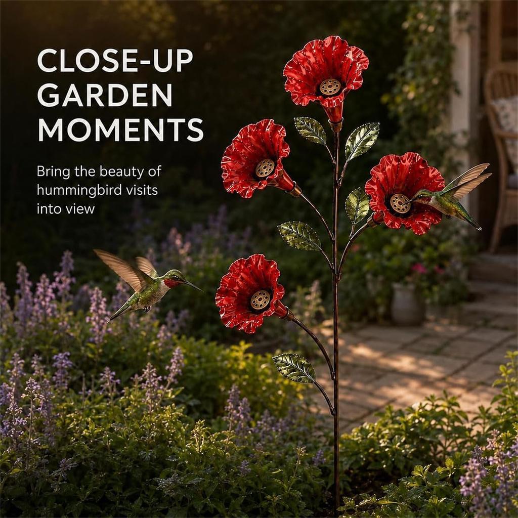 Red Flower Feeder with Garden Stake - Outdoor Backyard Decor