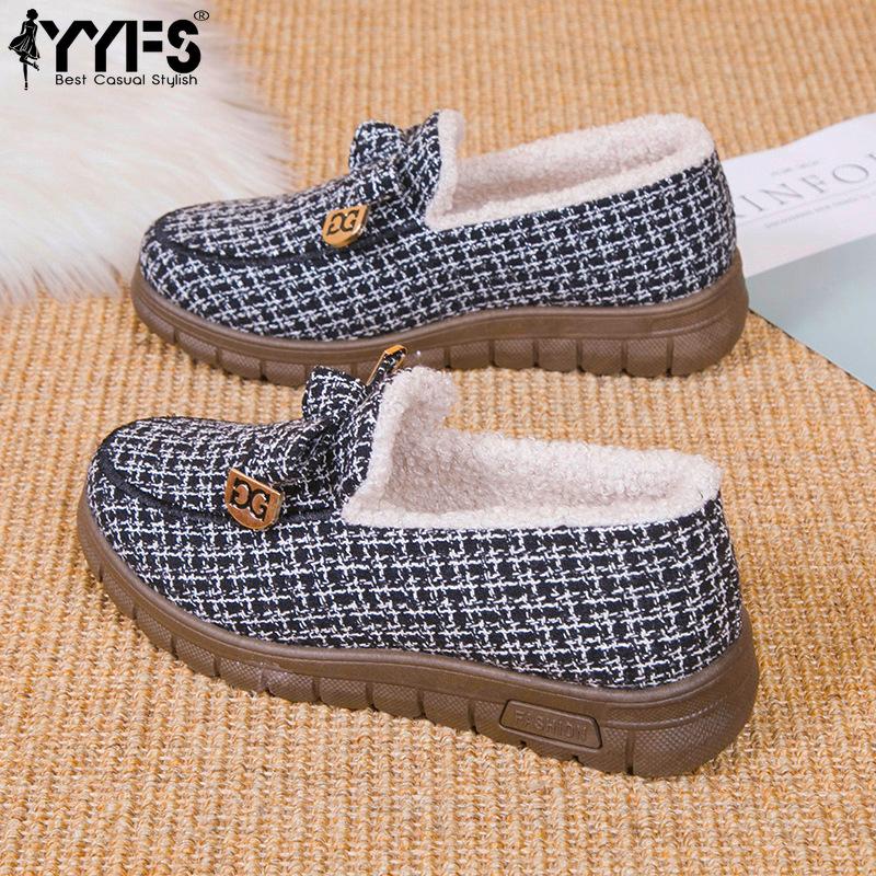 Winter Plush and Thickened Toe Shoes Cotton Shoes Fashionable Plaid Warm Lazy One-step Non-slip Fur Shoes