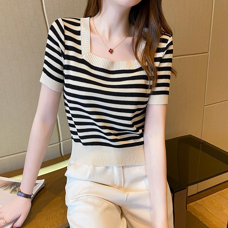 Sommer Kurzarm Gestreiftes T-Shirt Damen Gestrickte Hemden Pullover Tops Weiblich Elastisch Lässig Strick-T-Shirt Damen T-Shirts Crop Tops