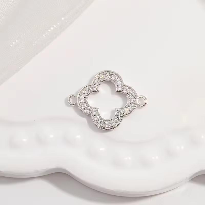 Fine 925 Sterling Silver Zircon Gold Plated Charm Clover Connector for Jewelry Necklace Bracelet Making
