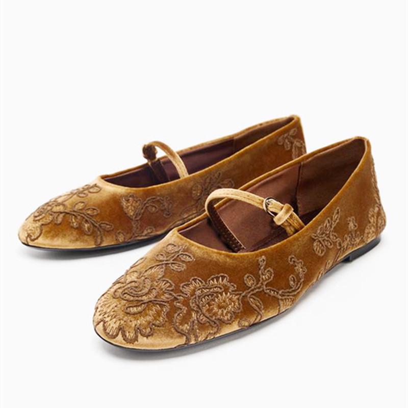 Fashion Velvet Effect Embroidered Flowers Ballet Flats Women's Loafers Light Comfort Mary Jane Shoes Elegant Round Toe Belt Casual Flats