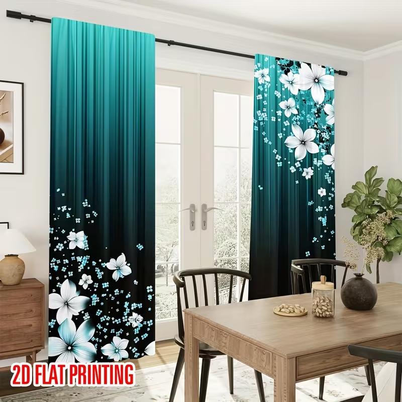 2PC Teal Black Floral Gradient Sheer Curtains - Sleek Modern Floral Print Window Drapes for Bedroom Living Room Decor