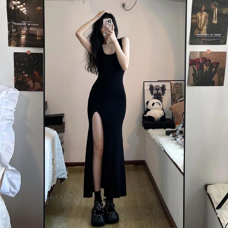 Women s 2026 Summer Elegant Slim Fit Camisole Slit Dress L чёрный