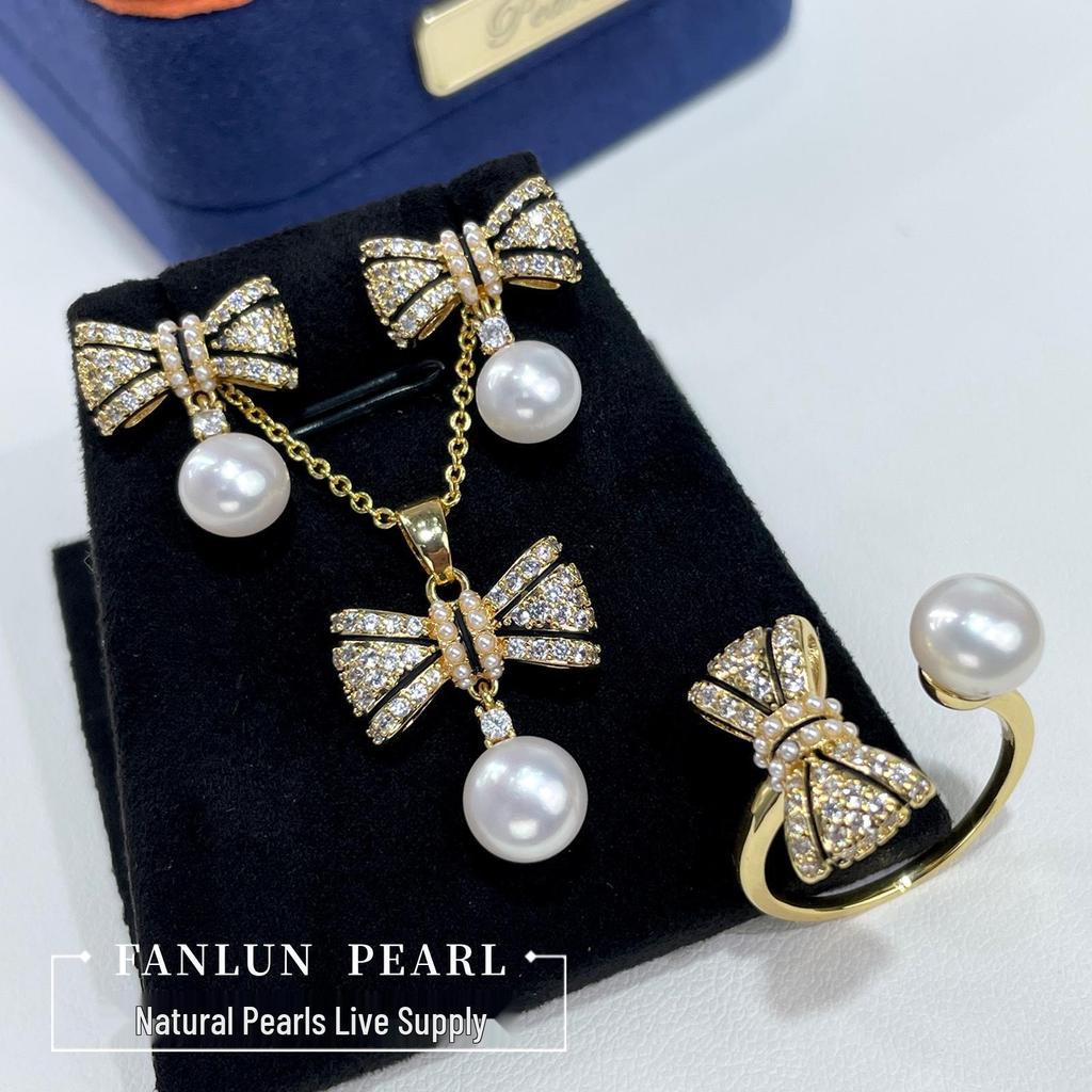 S925 Pearl & Diamond Color Block Bow Jewelry Set - Ring, Pendant, Ear Pins for Women