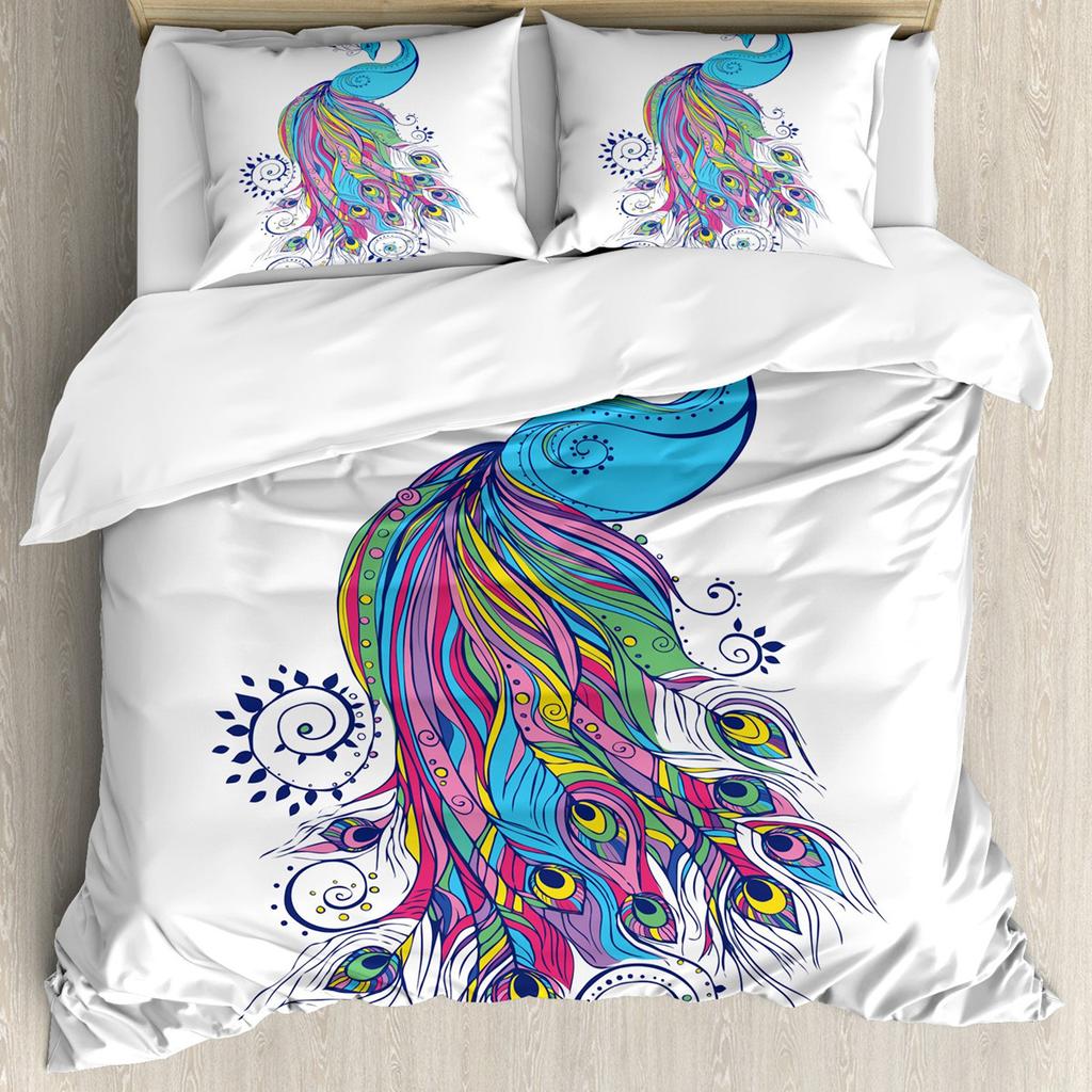 Comforter Peacock Rainbow Feather Bedding Set For Bedroom Decor Hippie Tie Dye Comforter Double Queen Size