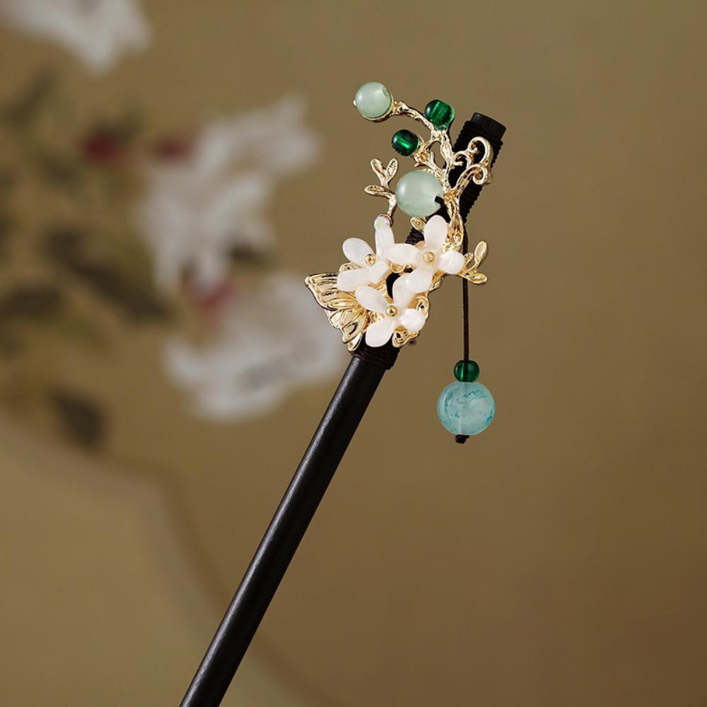 Decorative Chinese Style Flower Hair Sticks Handmade with Tassel Hair Chopsticks Retro Hair Fork Wooden Hairpin for Hanfu