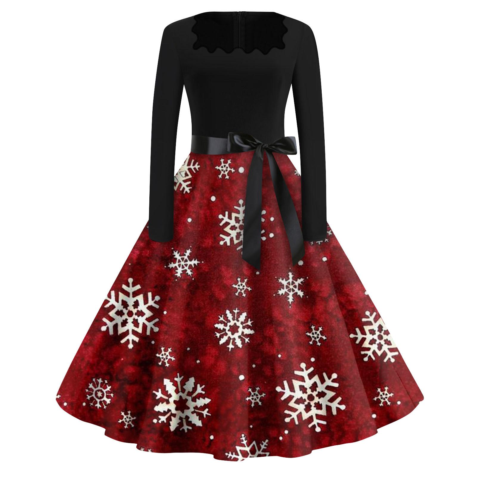 

Женская мода с квадратным вырезом, повседневные тонкие рождественские платья с длинным рукавом и принтом XXXXXL