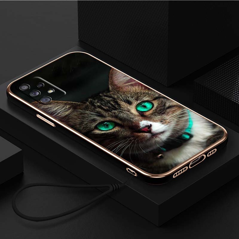 Luxury Plated TPU Phone Case With Lanyard for Samsung Galaxy A04 A05s A13 A14 A24 A54 A34 Note20 S23 Ultra Cases A41 Cool Cat Black Design Art Cover