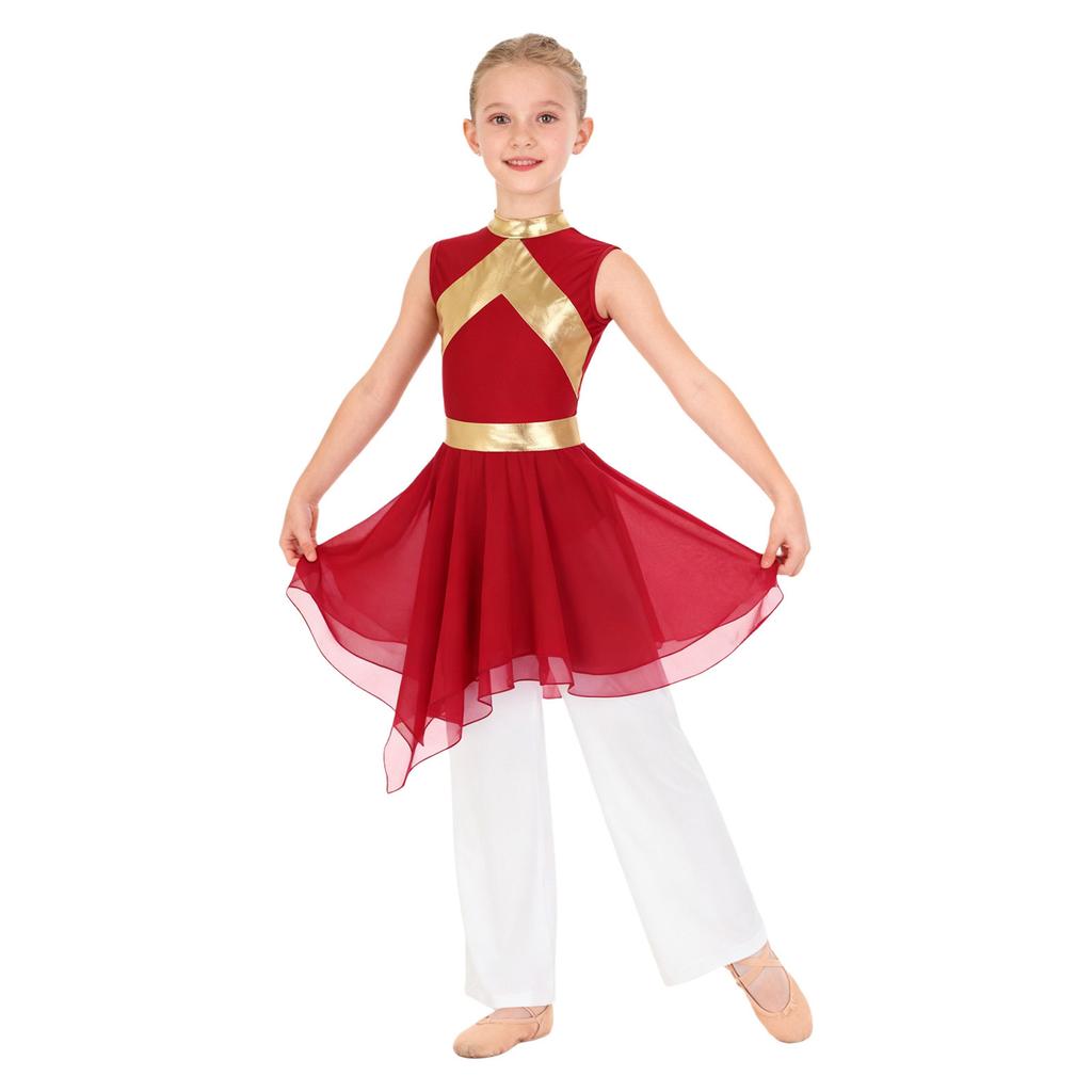 Praise Dance Costume for Kids Girls: Asymmetrical Sleeveless Metallic Dress & Comfortable Wide-Leg Pants with Elastic Waist