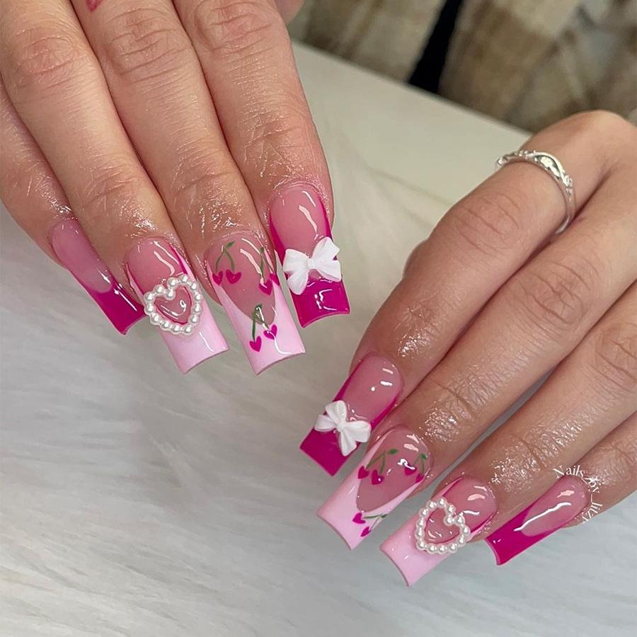 

2024 Spring/Summer Handmade French Tip Manicure: Cherry Bow & Heart Designs