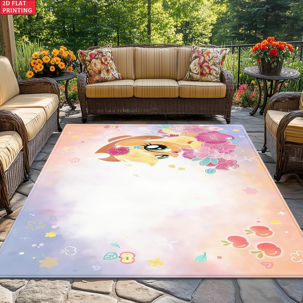 Cute Cartoon Pony Area Rug, Apple Flower Theme Non-slip Floor Mat, Decorative Carpet for Kids Girls Bedroom, Washable Home Gift