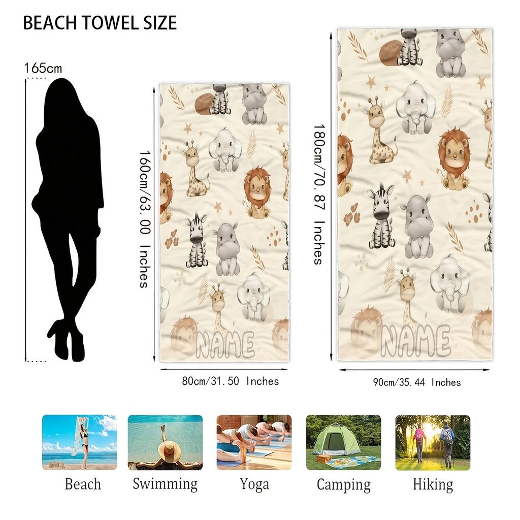 Cute Animal-themed Beach Towel, Featuring Soft Beige as the Base with Printed Cartoon Animal Patterns Like Giraffes