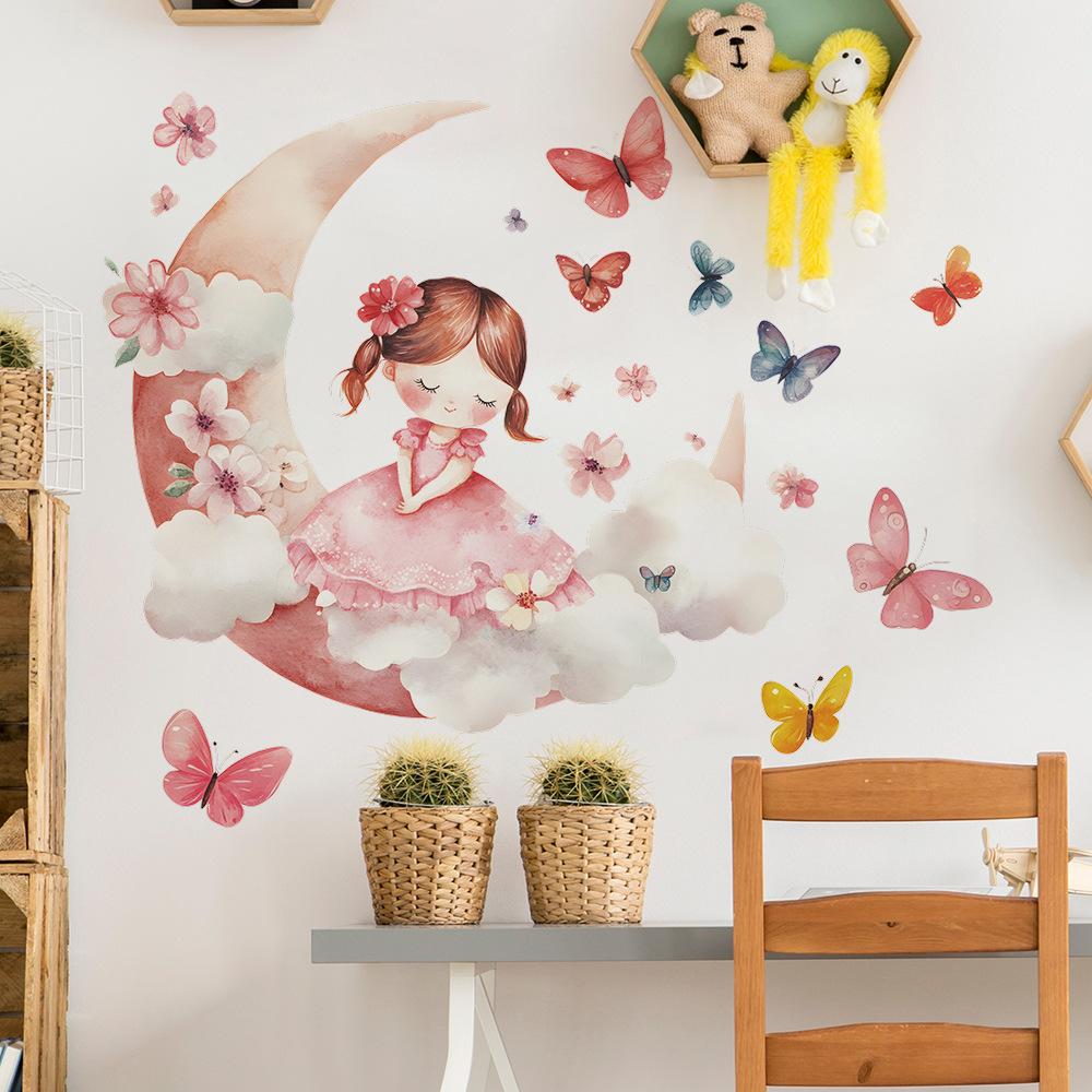 Cartoon Cute Little Girl Moon Butterfly Bedroom Living Room Entrance Hall Home Beautification Wall Stickers