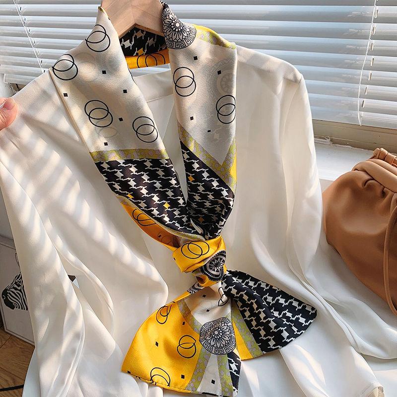 Luxury Silk Long Scarf Women Bag Handle Ribbon Ladies Plaid Print Headband Small Hair Scarves Band Female Handkerchief