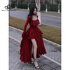 Summer New French Style Sexy High Split Square Collar Tight Waist Ruffled Supplement Rule Long Red Long Long Sleeve Dress