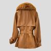 Autumn Women's Padded Leather Jacket Slim-fit V-neck Leather Trench Coat Windproof PU Leather Jacket