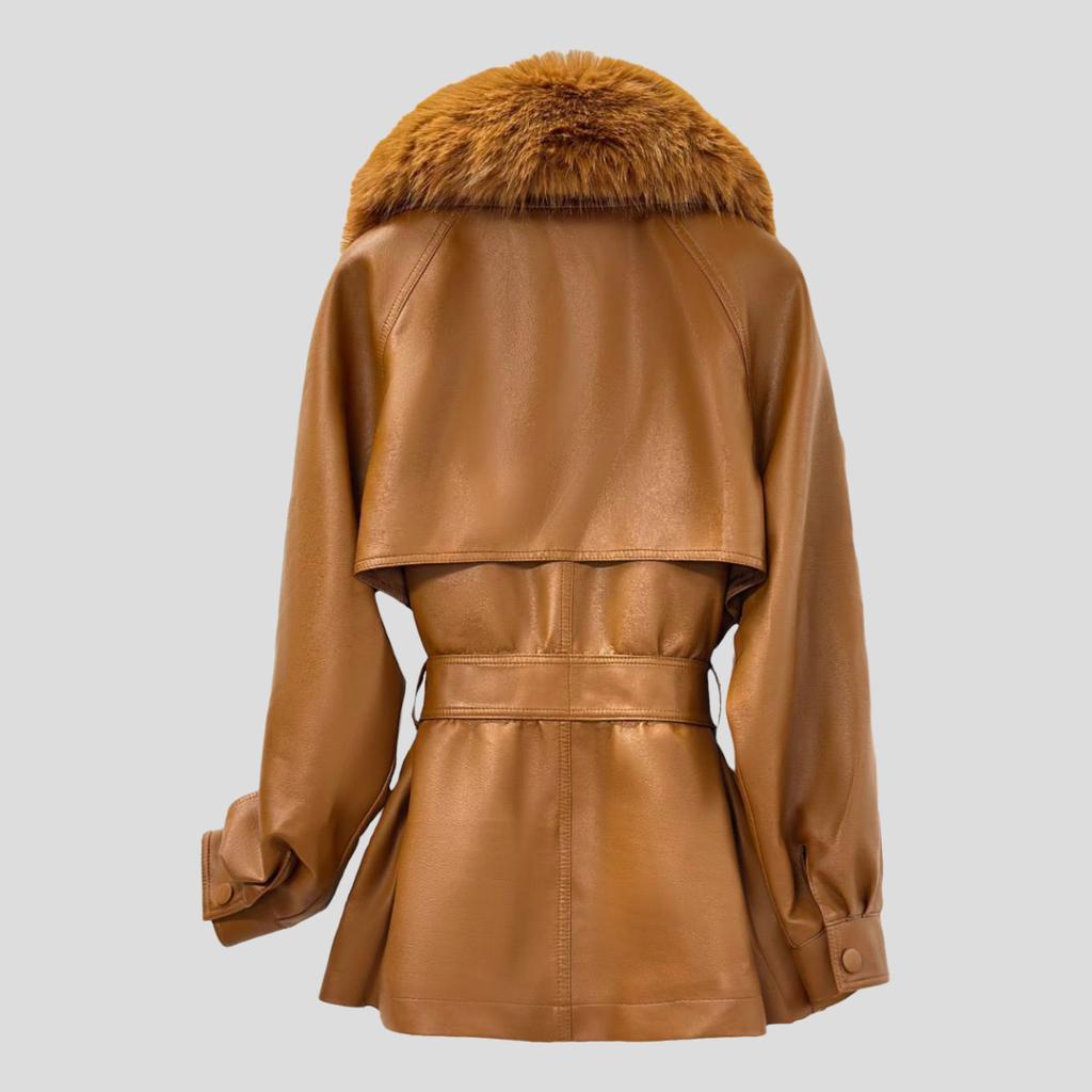 Autumn Women's Padded Leather Jacket Slim-fit V-neck Leather Trench Coat Windproof PU Leather Jacket